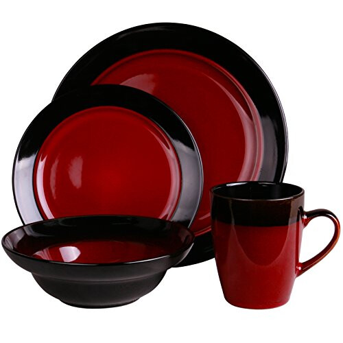 Elama Round Stoneware Two-Toned Dinnerware Dish Set  16 Piece  Bright Red and Black 1
