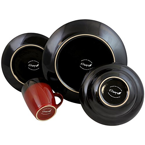 Elama Round Stoneware Two-Toned Dinnerware Dish Set  16 Piece  Bright Red and Black 2