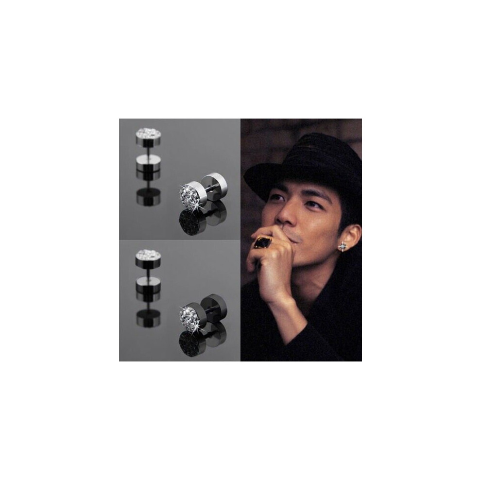 (Black) Barbell Punk Stainless Steel Crystal Stud Earrings