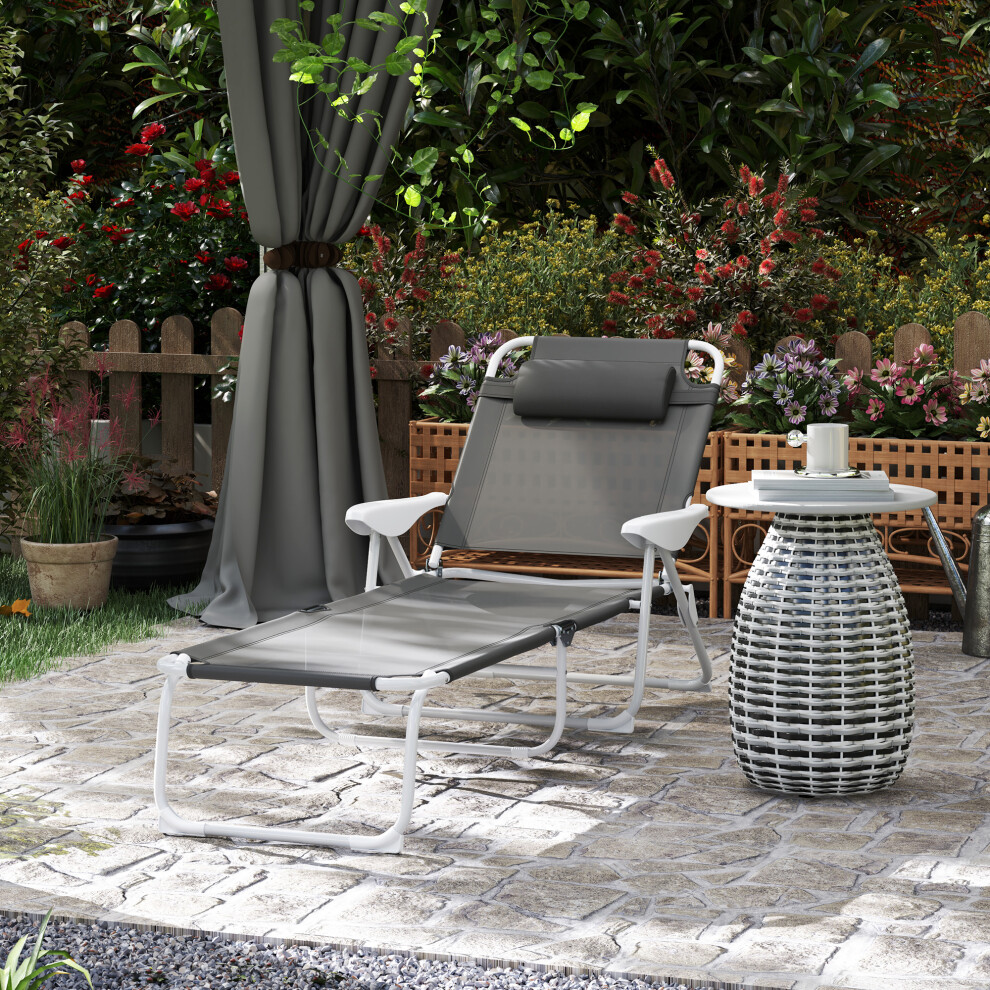 Outsunny Folding Sun Lounger with 4-Level Backrest & Headrest, Charcoal Grey