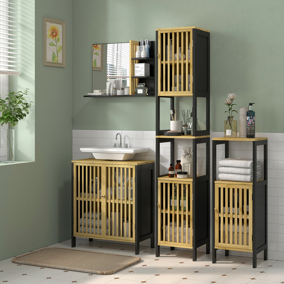 HOMCOM Under Sink Bathroom Cabinet, Bamboo Sink Storage Cabinet Slat Doors