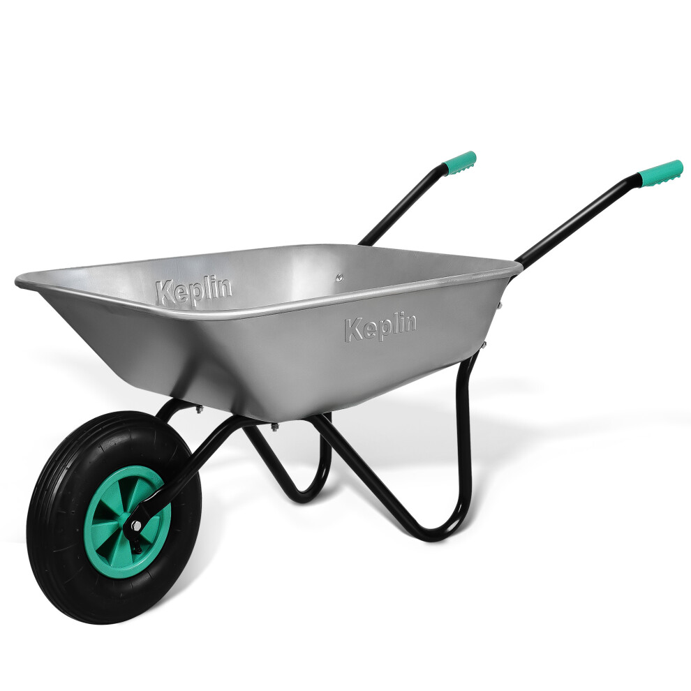 (65L) Keplin Heavy Duty Wheelbarrow - 200kg Load, Galvanized Steel Garden Large, 1 Pneumatic Tyre, Durable & Easy to Use for Gardening, Landscaping, DIY