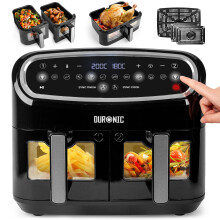 Duronic AF34 BK Triple Drawer 10L Digital Air Fryer with Visual Window Dual Zone 10-in-1 Large Drawer for Family Meals Dishwasher-Safe Non-Stick Black