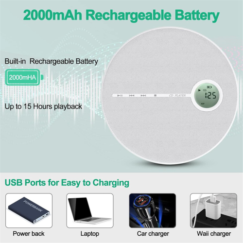 Lettore CD Bluetooth ricaricabile, lettore CD musicale per auto grigio 2