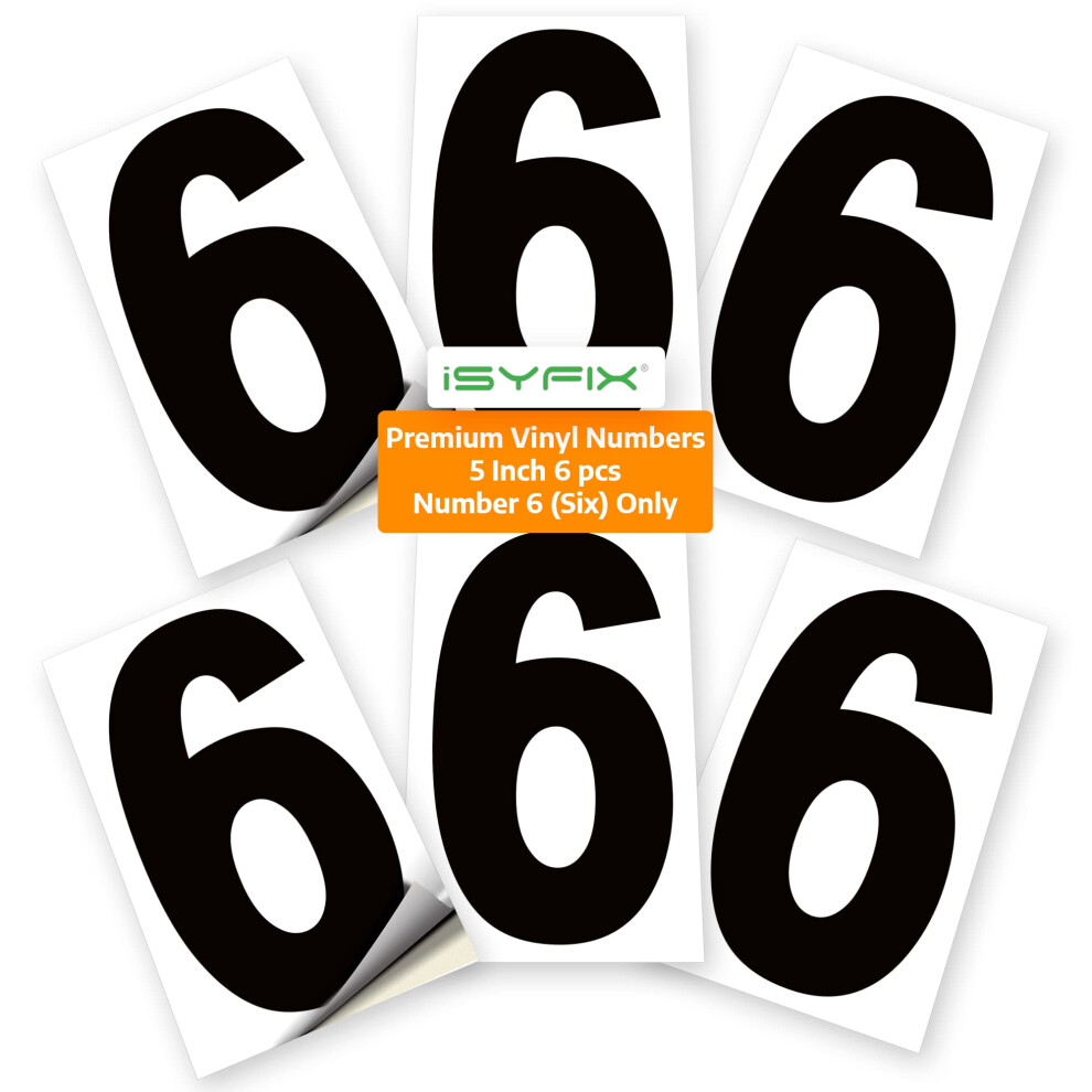 Autocollants iSYFIX en vinyle noir numéro 6 (six) - Lot de 6, 5 pouces - Autocollants de qualité supérieure, fond blanc, pré-espacés pour boîtes