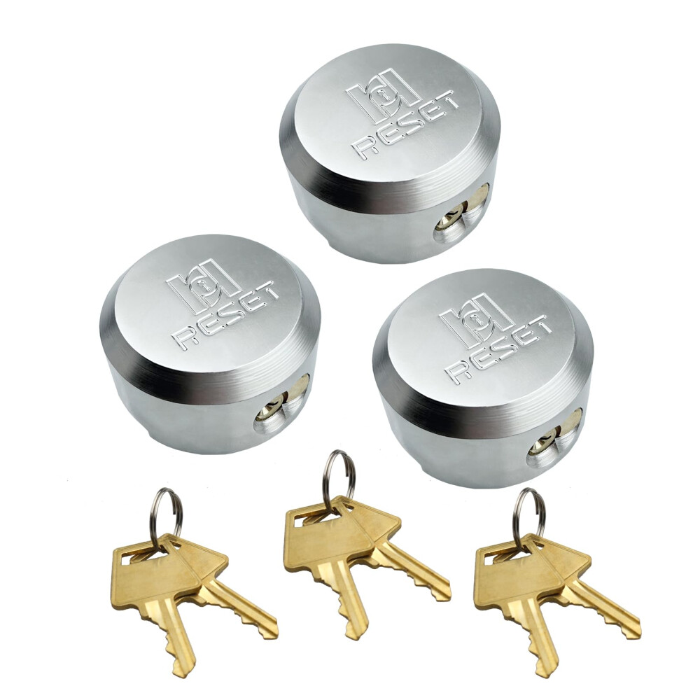 Reset-903 Keyed Alike Heavy Duty Hidden Shackle Padlock For Chain Trailers Van Trucks Sheds And Gates Hockey Puck Lock Solid Steel Sliver 3 Pack 6972461203310