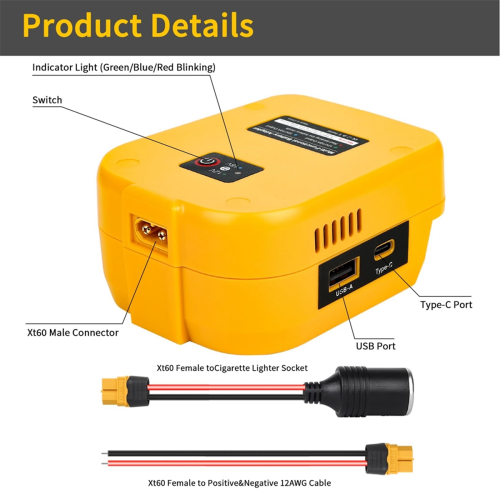 Batterijadapter met USB/Type-C/XT60-poort, voor 20V-batterij 2