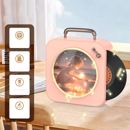Vintage Bluetooth Vinyl Record Small Stereo Home CD Player Pink 1