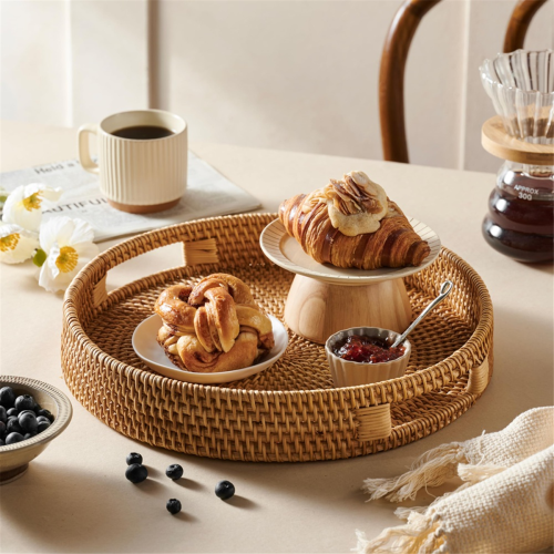 Rattan-Serviertablett 30 cm, geflochtene Serviertabletts mit Griffen 1