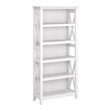 Bush Furniture Tall 5 Shelf Bookcase for Living Room or Home Office, Large Bookshelf, Modern Farmhouse Style, Key West Collection, Pure White Oak
