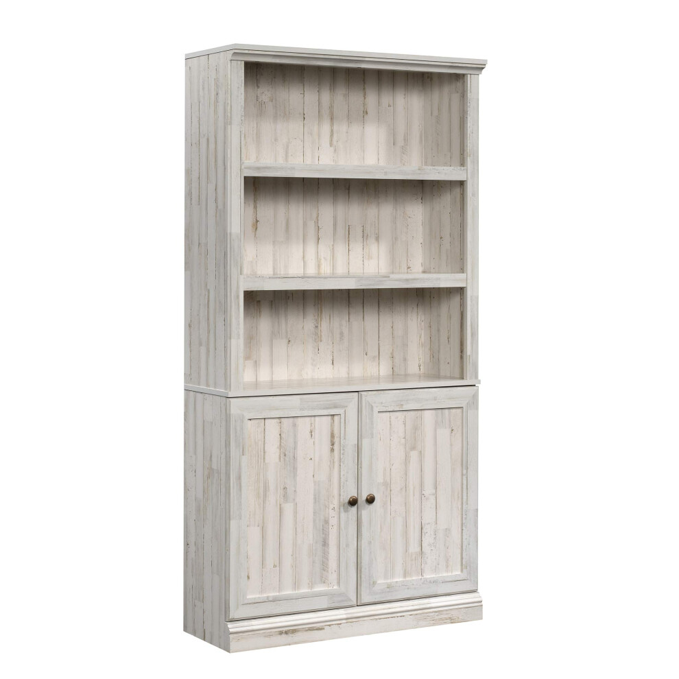 Sauder Select Book Shelf, Bookshelf with Storage, Library Bookcase with Doors and Adjustable Shelves, in White Plank