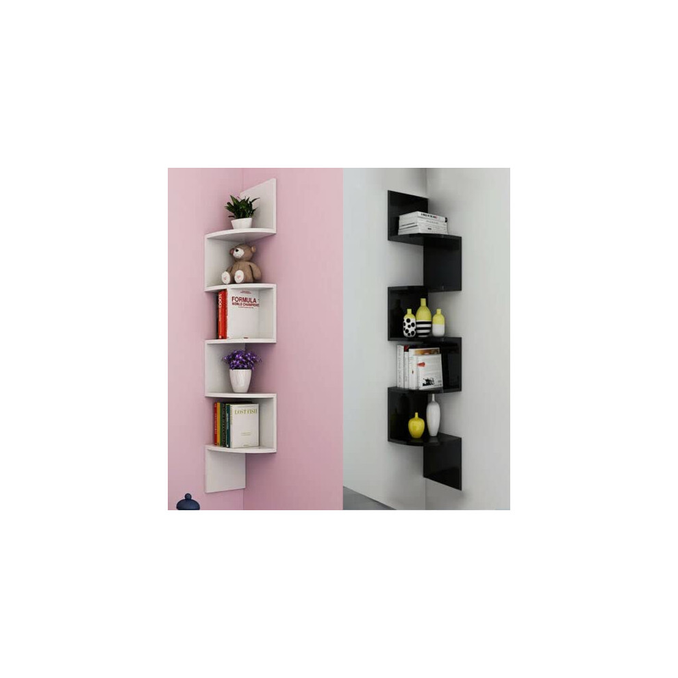 Kf-Premium 5 Tier Floating Zigzag Wall Shelves ? Zig Zag Shaped Wall Mounted Bookcases For Living Room Bedroom Bathroom Office, Wooden Storage 658238742256