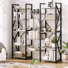 IDEALHOUSE Triple Wide 5 Tier Book Shelf, Tall Bookshelf with Open Display Shelves, Industrial Large Bookshelves and Bookcases with Metal Frame for