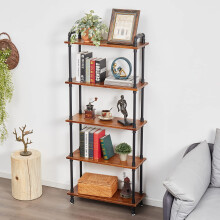 Anynice Industrial Bookshelf, 5 Shelf Bookcase, Rustic Brown Pipe Shelving (29.5" L x 11.8" W x 70" H)