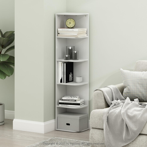 Furinno Pasir 5-Tier Corner Open Shelf Bookcase, White 2