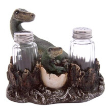 Wowser Salt and Pepper Set, Dinosaur with Egg Holder, Resin, 5.75 Inches
