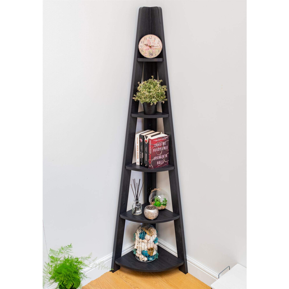 Timber Art Design Riva Scandinavian 5 Tier Retro Corner Ladder Bookcase - Stylish Black Freestanding Shelving Unit, Space-Saving Corner Display Shelf