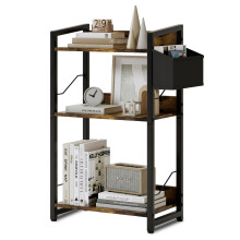 XIV Small Bookshelf Wood Industrial Book Shelf with Edge Protection Metal 3-Tier Small Bookcase Storage Organizer Display Rack for Bedroom Living Room