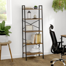 Oak & Tea Ladder Shelf, 5-Tier Industrial Ladder Bookcase, Ladder Bookshelf Bookcase for Living Room, Office, Rustic Brown and Black, 56x32x172cm