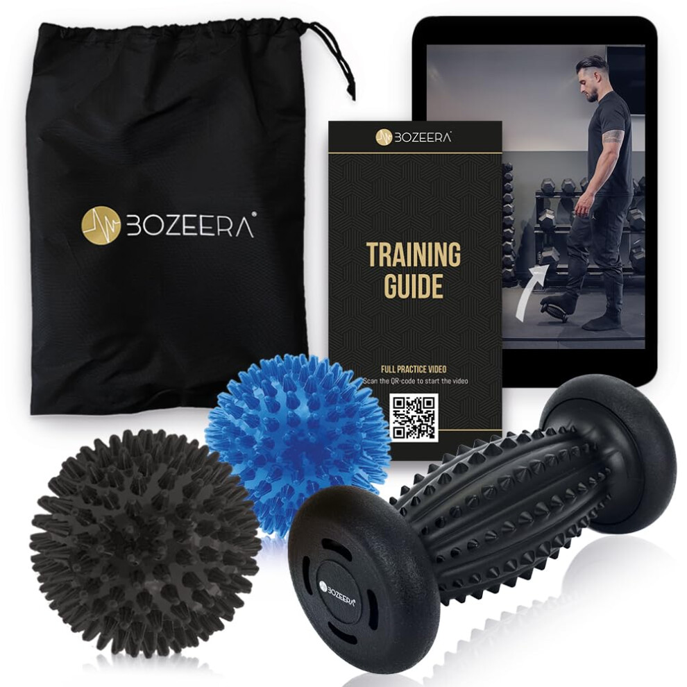Bozeera Foot Roller & Spiky Massage Ball Set | 1X Foot Massager Roller, 2X Spikey Massage Ball | Foot Roller For Plantar Fasciitis, Back, Legs, Feet