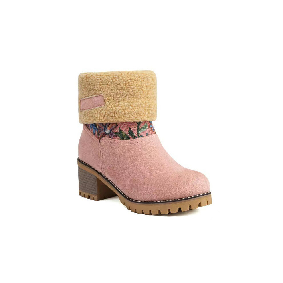 (Pink, 39) Womens Elegant Thick Sole High Heel Snow Boots With Interior Cozy Cotton