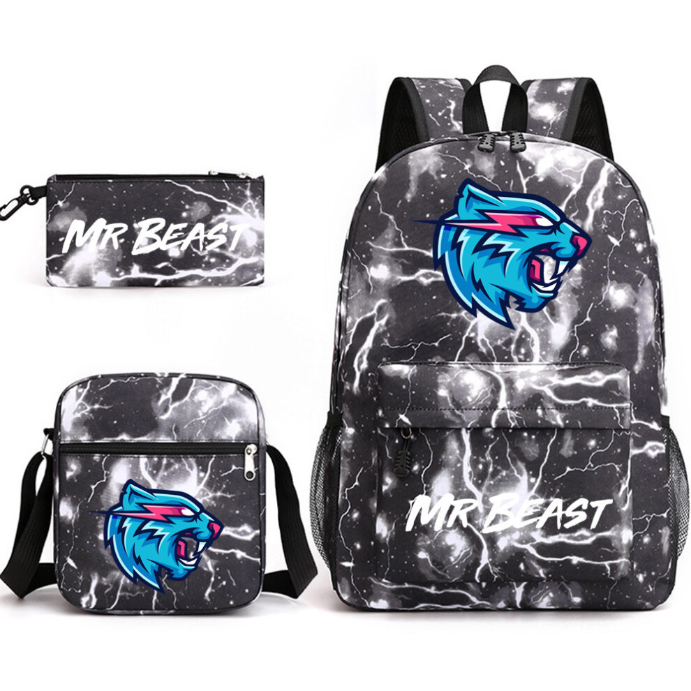 (Lightning ) Beast Mr Backpack Pencil Case Shoulder Bag 3Pcs Set Canvas Kids Student Gift Black