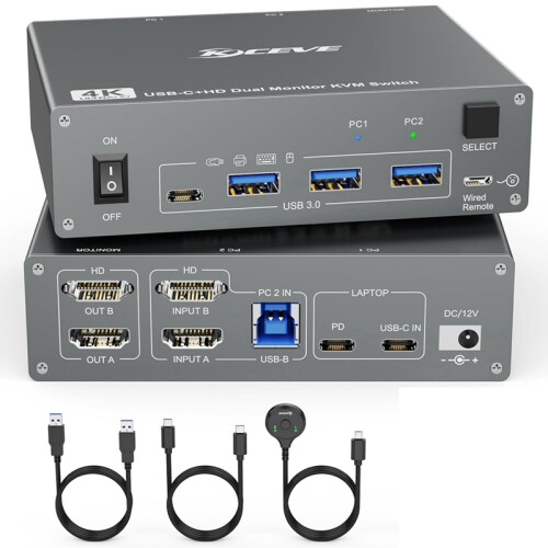 Switch KVM USB C 4K para 2 monitores e computadores, plugue UE 2