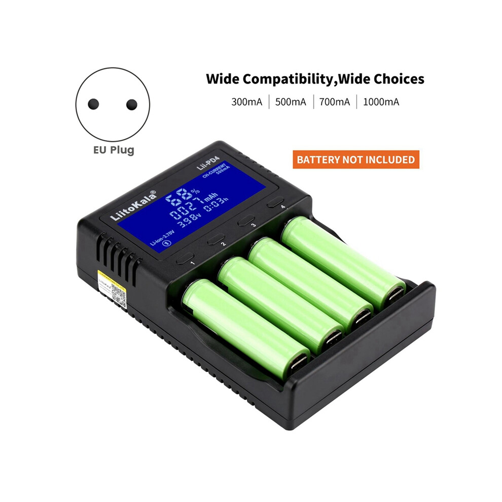 Lii-PD4 18650 26650 21700 Carregador de Bateria 4-Slot Li-Ion LCD para Li-Ion/Ni-/LiFePO4 Plugue UE