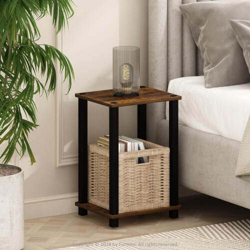 Furinno Simplistic Compact Bedside Table Nightstand Amber Pine/Black