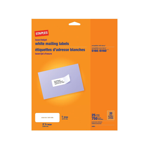 Staples Hvide postlabels til laser- og inkjetprintere 1"""" x 2-5/8"""" 750/kasse