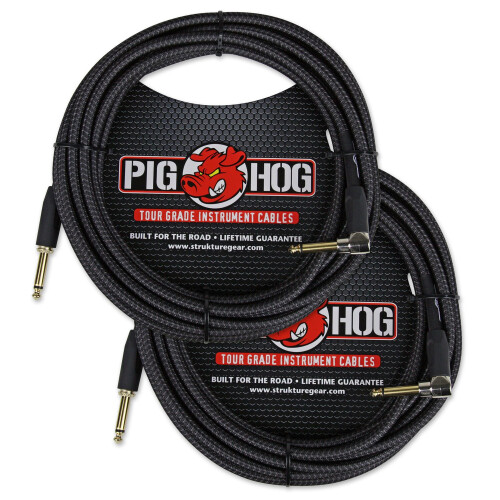 Pig Hog PCH20BKR Black Woven Instrument Cable  20ft Right Angle - 2 Pack