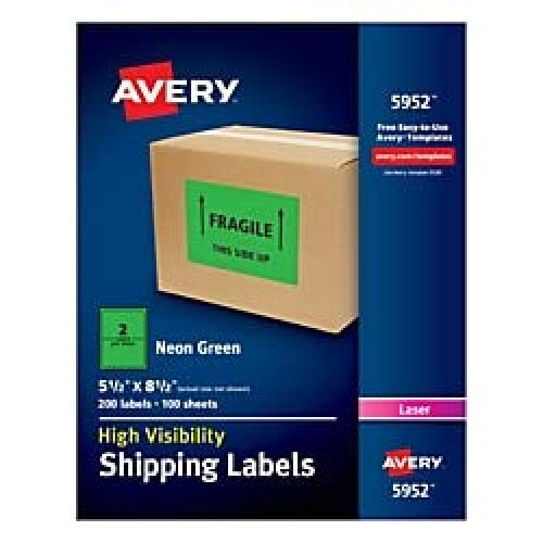 Avery 5952 Νεονένες Ετικέτες Αποστολής, Laser, 5 1/2 x 8 1/2, Νεονένες Πράσινες, 200/Κουτί