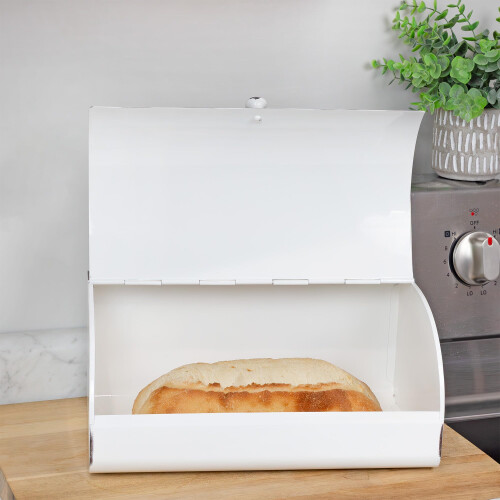 AuldHome White Bread Box; Farmhouse Vintage Enamelware Countertop Bread Bin 1