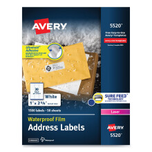 Etiquetas de correo Avery 5520 resistentes a la intemperie, direcci?n, 1 pulgada x 2-5/8 pulgadas, paquete de 1500