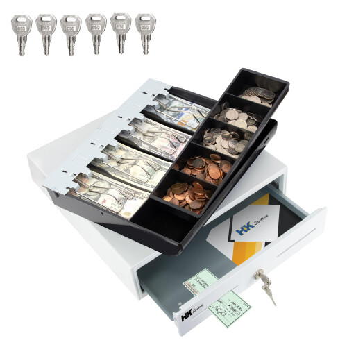 HK SYSTEMS Gaveta de dinheiro de interface POS resistente branca de 13 polegadas com 4Bill/5Coin 1