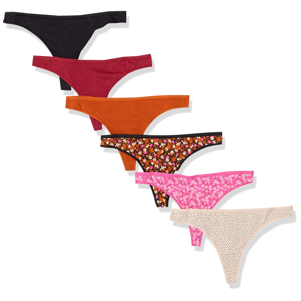 Amazon Essentials Womens cotton Thong Underwear  Pack of 6  Floral Dots  Medium