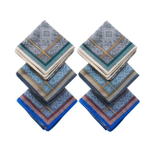 Mens Soft Cotton Handkerchiefs Old-fashioned Jacquard Pattern Assorted Pack 6PCS 1