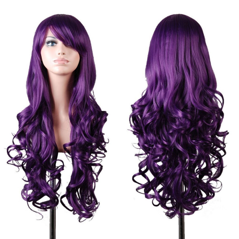 Emaxdesign Unisex Purple Wigs 32 Inch Cosplay Wig For Women With Wig Cap And Comb(Dark )
