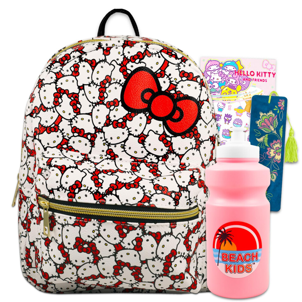 Hello Kitty Mini Backpack Purse Set - Bundle 10"""" Faux Leather Bag  Bottle  More