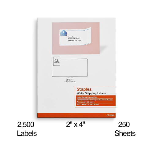 Staples Staples 489565 R   tulos de remessa a laser/jato de tinta de 2 polegadas x 4 polegadas 10 r   tulos/folha 2