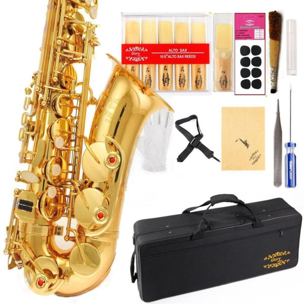 Glory Gold Laquer E Flat Alto Saxophone with 11reeds 8 Pads cushions case carekit