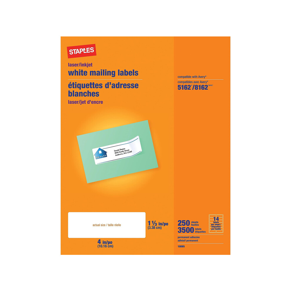 Staples 489563 Laser/Inkjet Address Labels 1 1/3-Inch x 4-Inch White 14 Labels/Sheet