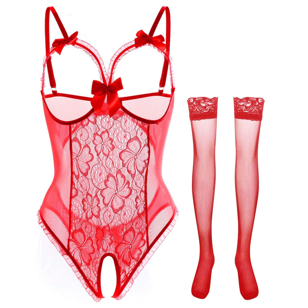 Lingerie pour femme, nuisette sexy en dentelle, une pi  ce, tailles S    3XL (A-Rouge S)