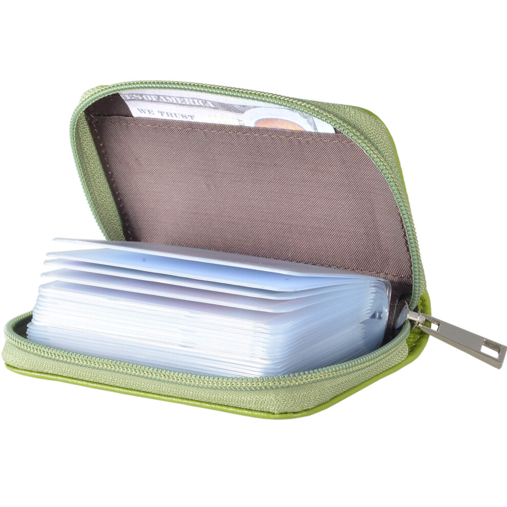 Easyoulife Porta Carte Di Credito In Vera Pelle Con Cerniera E 26 Scomparti Per Carte Di Credito, Verde, Small-image
