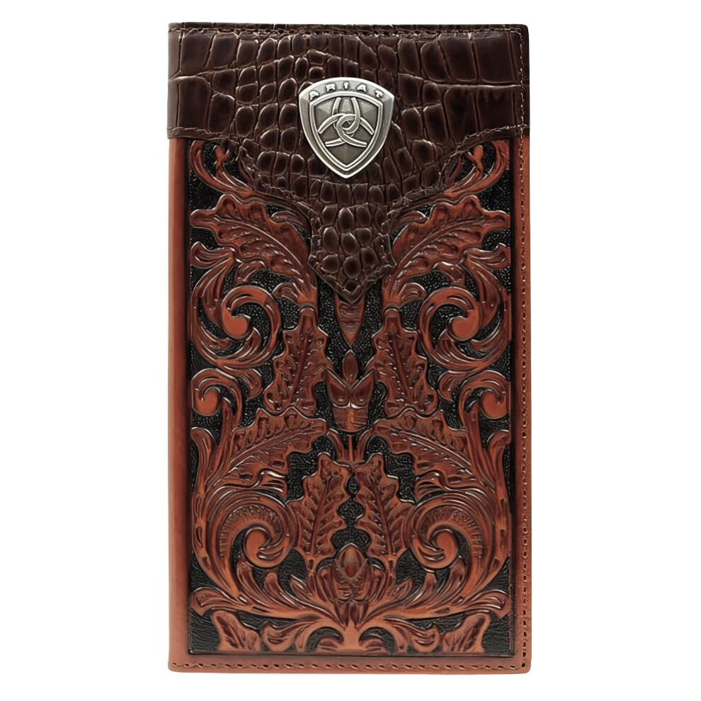 Ariat Men's Leather Rodeo Wallet - Oak Embossed with Alligator Print Top & Brand Concho