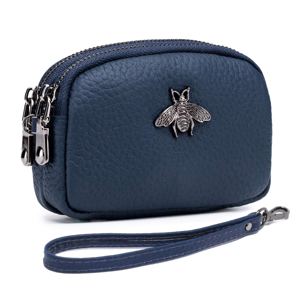 Portamonete Da Donna In Pelle, Piccolo, Con 2 Tasche Porta Monete E Cerniera (Cinturino Da Polso Blu)-image