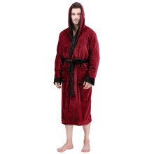 NY Threads Mens Hooded Fleece Bathrobe Plush Long Spa Robe Small-Medium Burgundy Black