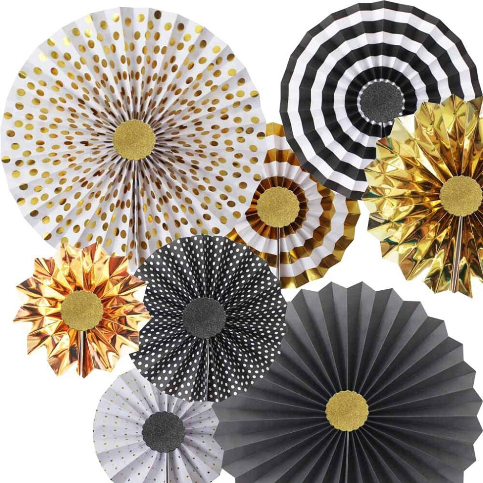 Hola Fiesta Gold Black Paper Fans Flower for Halloween Party Decorations black2 Set of 8
