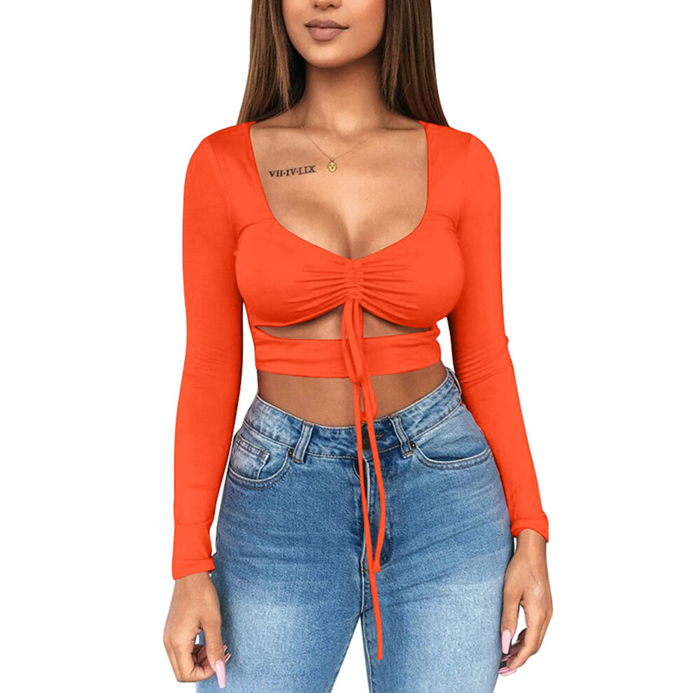 Mizoci Women's Sexy Ruched Tie Up Crop Top Basic Long Sleeve Cut Out T Shirt Large Orange