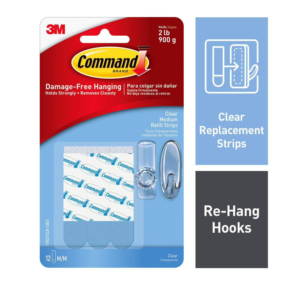 Command Medium Clear Refill Strips  12 strips  Re-Hang Indoor Clear Hooks (17021CLR-12ES)